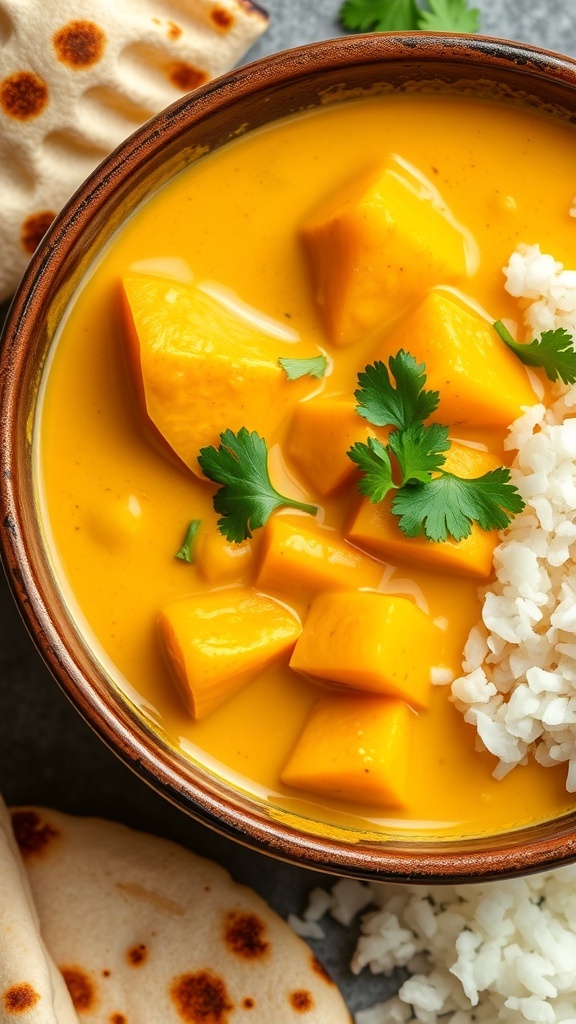 Savory Pumpkin Yellow Curry A bowl of pumpkin yellow curry with coconut milk, garnished with cilantro, served with rice and naan.